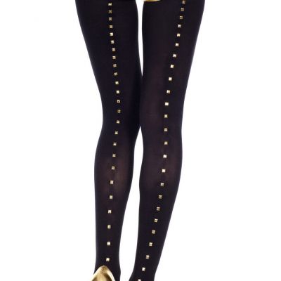 Women's Pantyhose Black Opaque with Gold Studs Back Seam with Spandex Tights